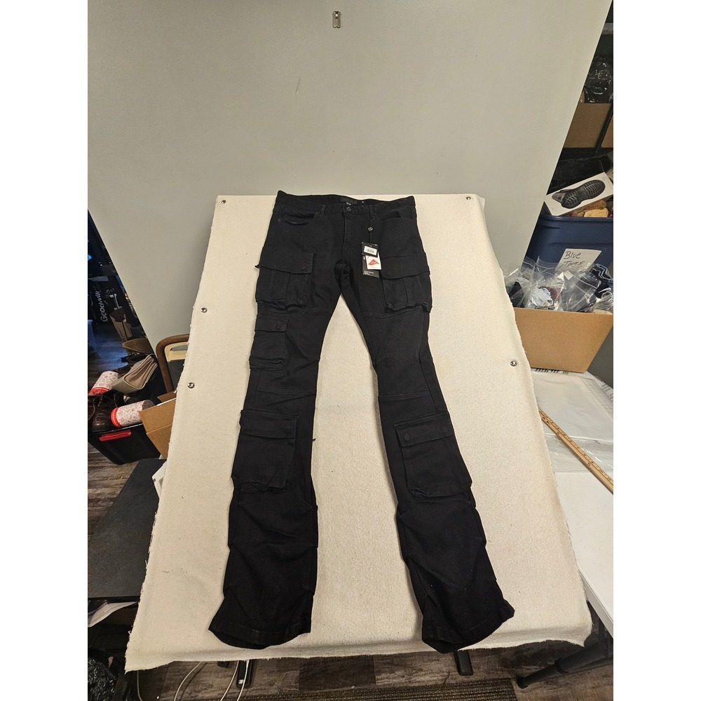 Decibel Mens Jet‎ Black Multi Pocket Cargo Stacked Jeans  Size 36 NWT